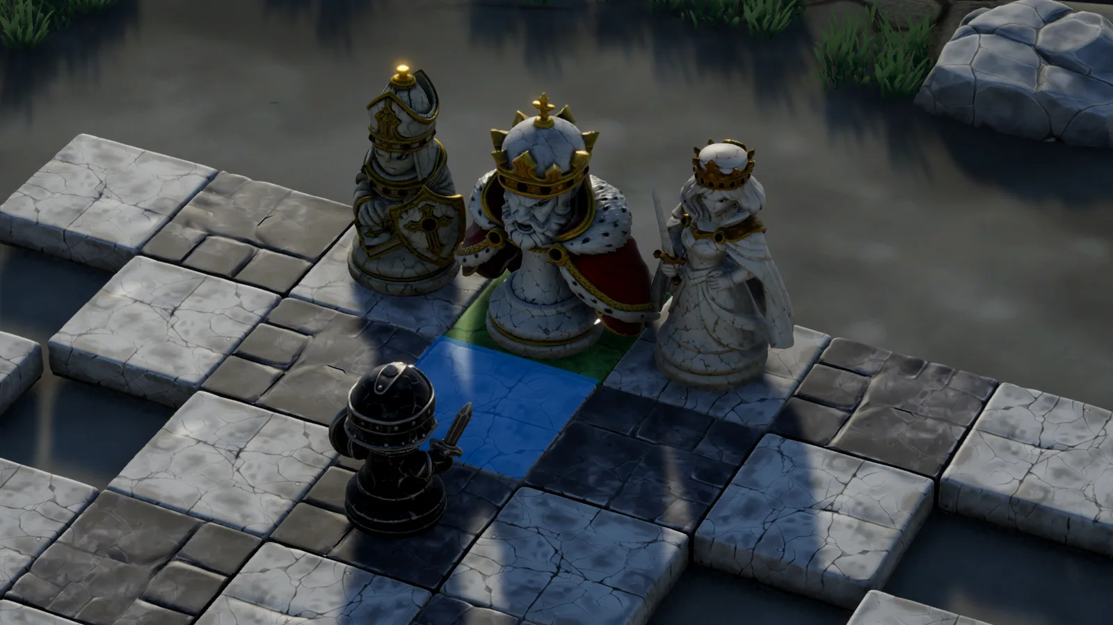 Shields and Assassins: marble chess pieces on a stone board