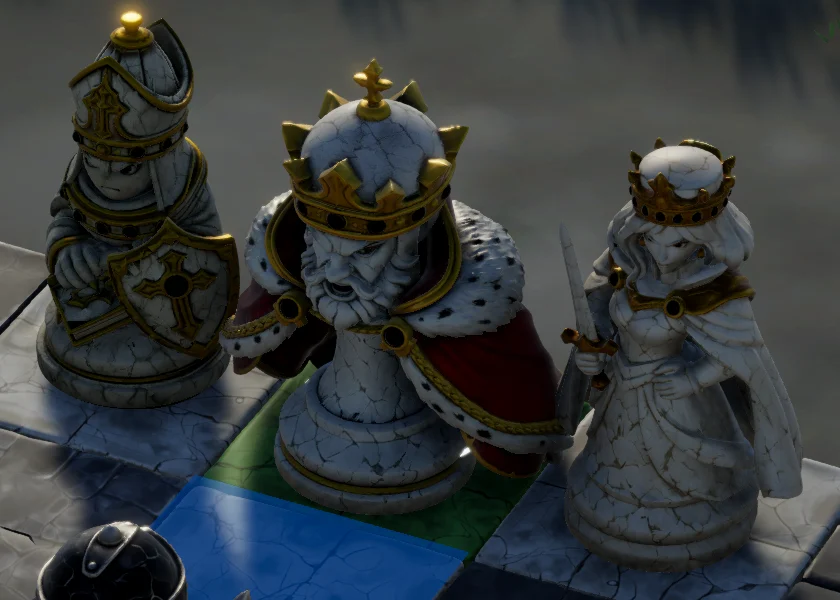Close-up of the King, Queen and Bishop pieces