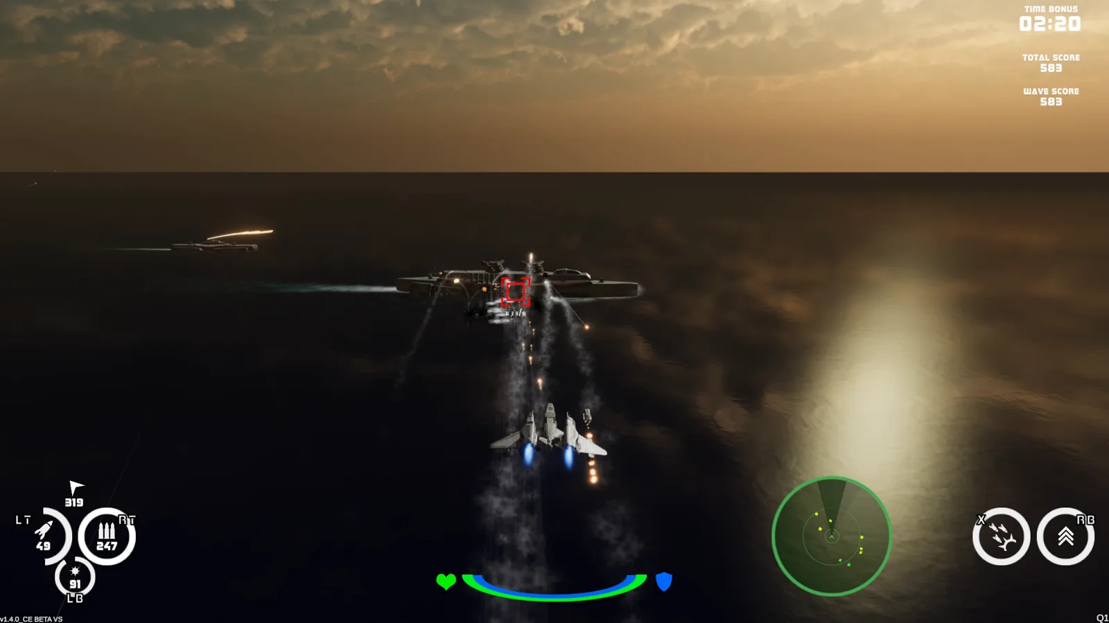 Taurian Defense: fighter jets attacking a carrier at sunset